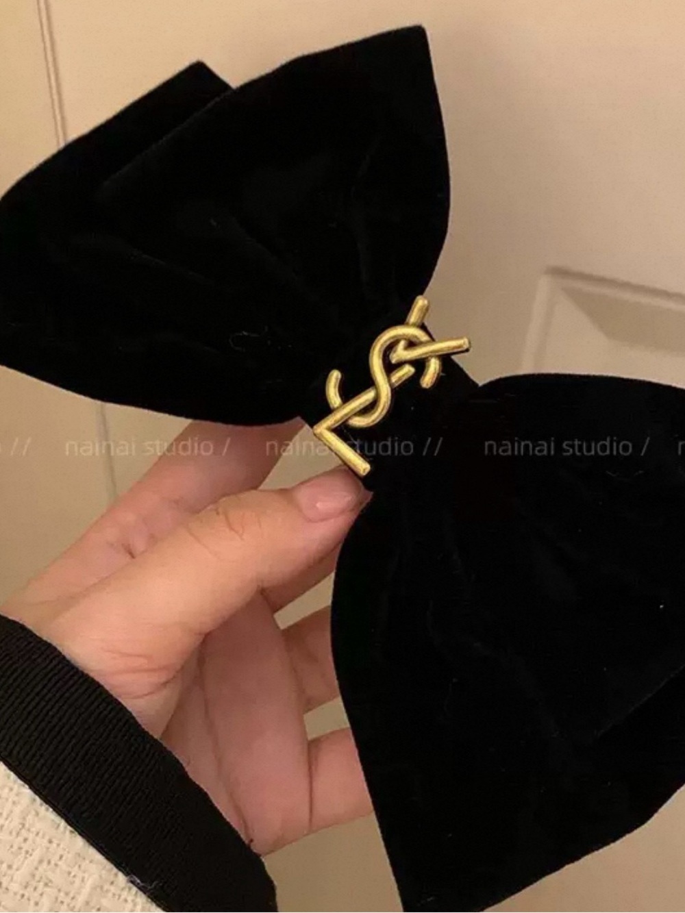 Designer-Inspired Black Velvet Hair Bow with Gold Accent